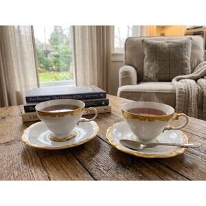 Set of 2 Johann Haviland Bavaria Teacups & Saucers | Gold Encrusted Elegance